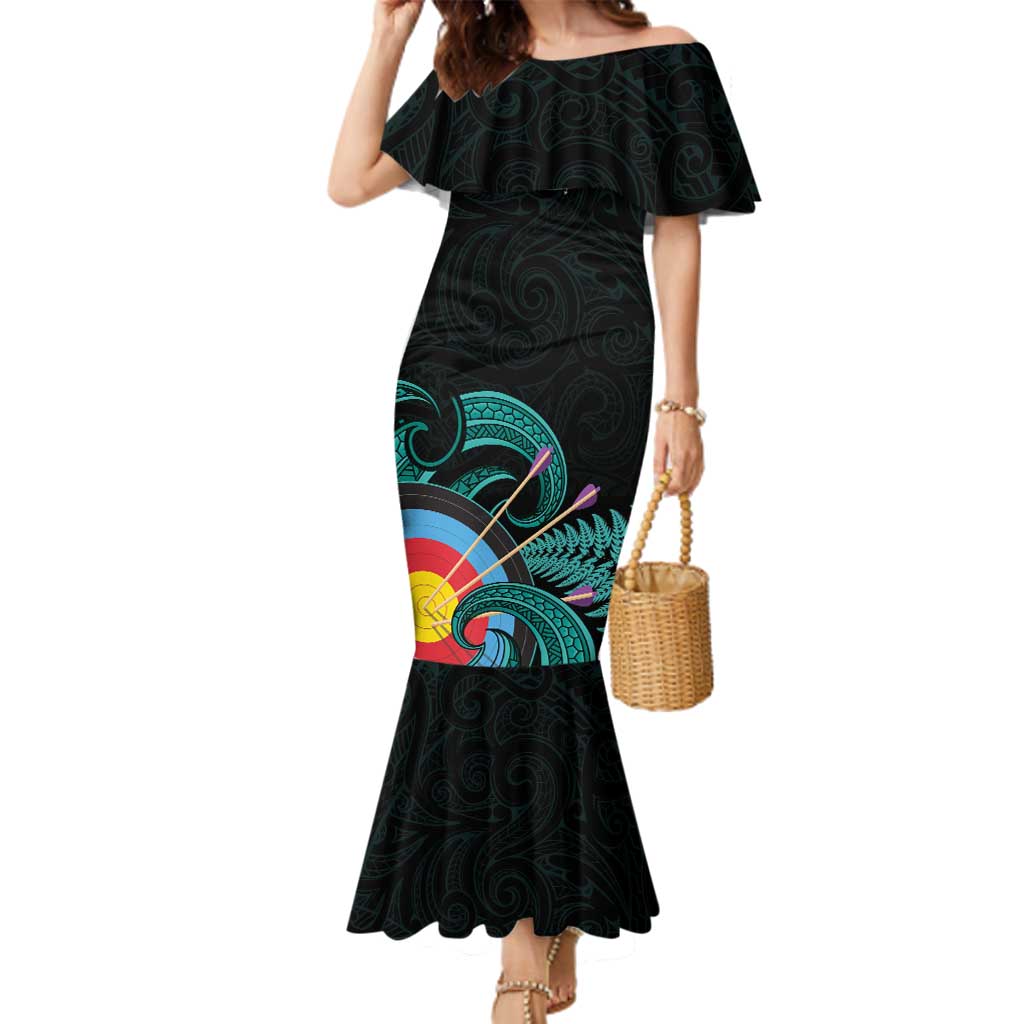 Personalised New Zealand Archery Family Matching Mermaid Dress and Hawaiian Shirt Turquoise Maori Silver Fern LT01 Mom's Dress Turquoise - Polynesian Pride