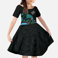 Personalised New Zealand Archery Family Matching Off The Shoulder Long Sleeve Dress and Hawaiian Shirt Turquoise Maori Silver Fern LT01 Daughter's Dress Turquoise - Polynesian Pride
