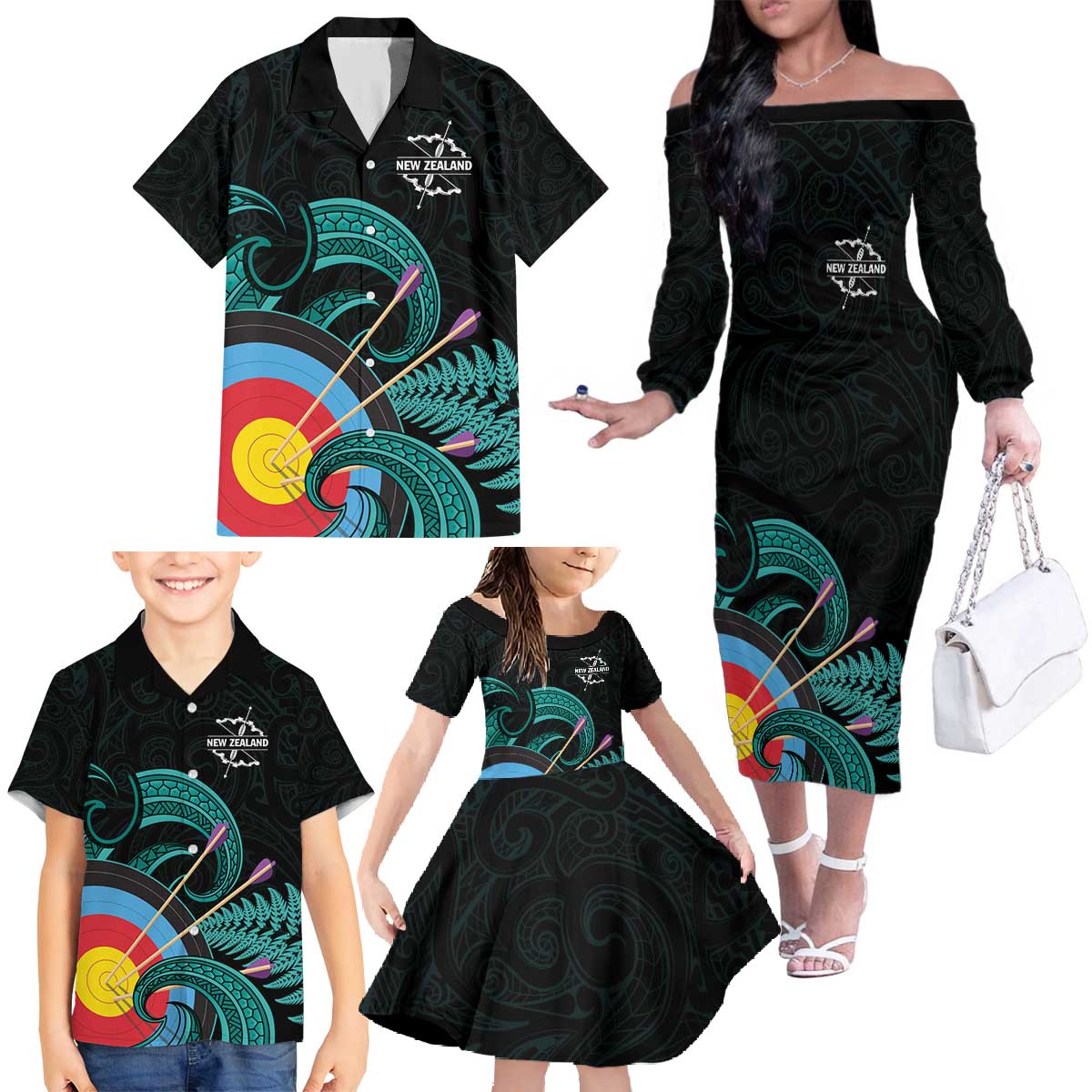 Personalised New Zealand Archery Family Matching Off The Shoulder Long Sleeve Dress and Hawaiian Shirt Turquoise Maori Silver Fern LT01 - Polynesian Pride