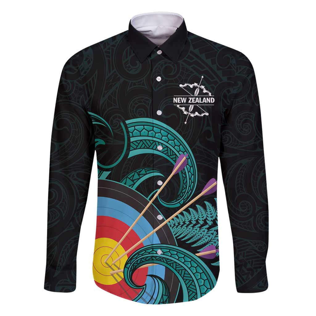 Personalised New Zealand Archery Family Matching Off Shoulder Maxi Dress and Hawaiian Shirt Turquoise Maori Silver Fern LT01 Dad's Shirt - Long Sleeve Turquoise - Polynesian Pride