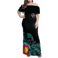 Personalised New Zealand Archery Family Matching Off Shoulder Maxi Dress and Hawaiian Shirt Turquoise Maori Silver Fern LT01 Mom's Dress Turquoise - Polynesian Pride