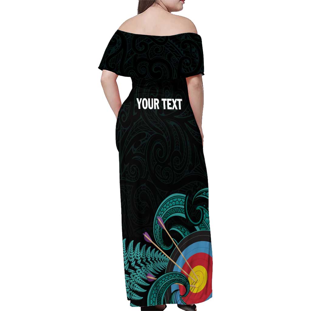 Personalised New Zealand Archery Family Matching Off Shoulder Maxi Dress and Hawaiian Shirt Turquoise Maori Silver Fern LT01 - Polynesian Pride