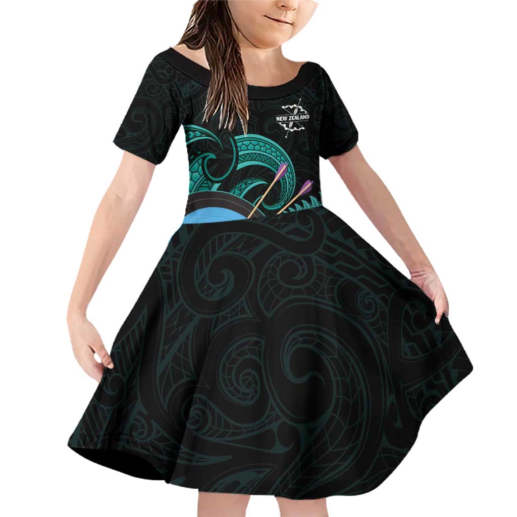 Personalised New Zealand Archery Family Matching Off Shoulder Short Dress and Hawaiian Shirt Turquoise Maori Silver Fern LT01 Daughter's Dress Turquoise - Polynesian Pride