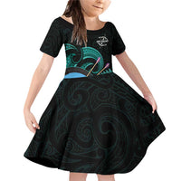 Personalised New Zealand Archery Family Matching Off Shoulder Short Dress and Hawaiian Shirt Turquoise Maori Silver Fern LT01 Daughter's Dress Turquoise - Polynesian Pride