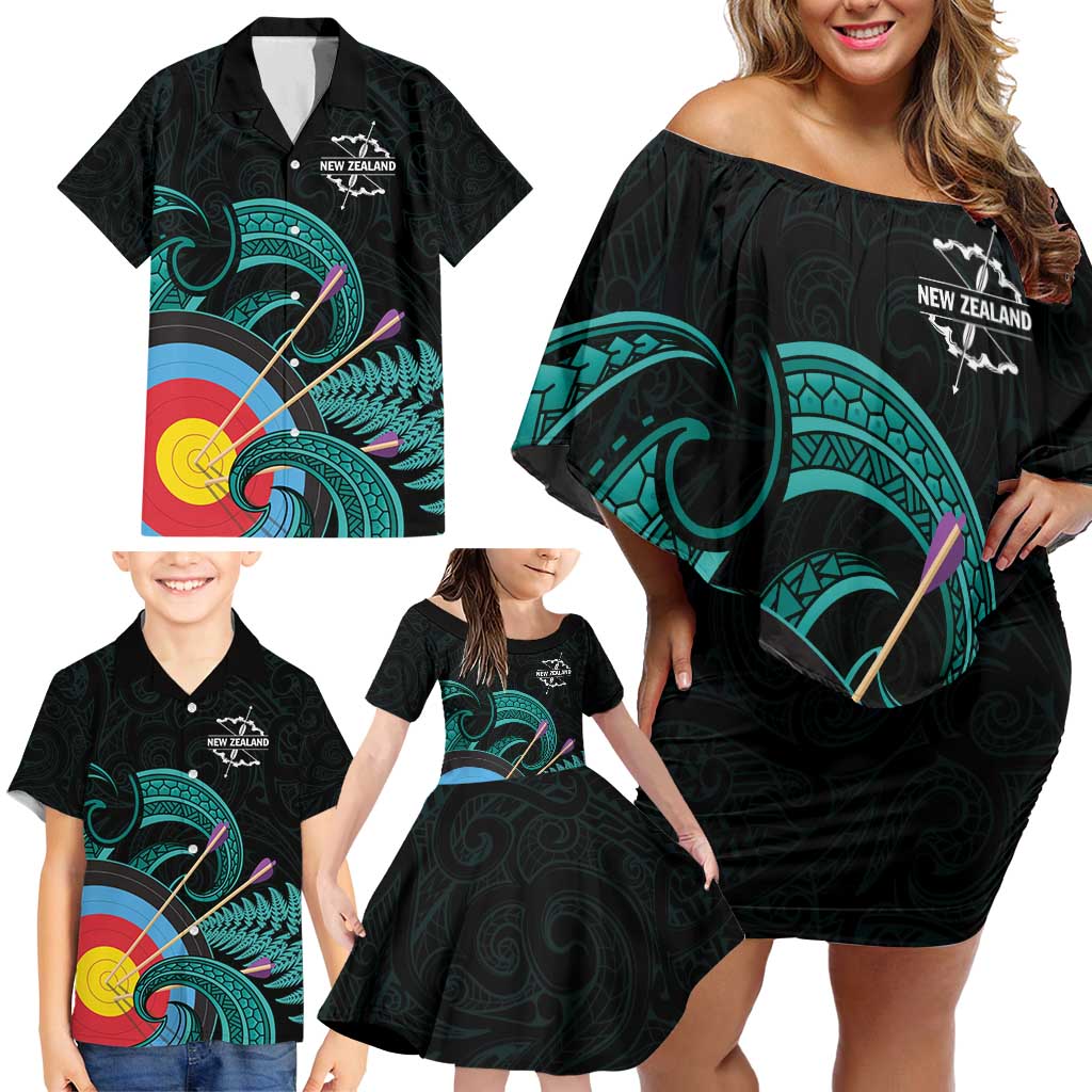 Personalised New Zealand Archery Family Matching Off Shoulder Short Dress and Hawaiian Shirt Turquoise Maori Silver Fern LT01 - Polynesian Pride