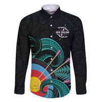 Personalised New Zealand Archery Family Matching Off Shoulder Short Dress and Hawaiian Shirt Turquoise Maori Silver Fern LT01 Dad's Shirt - Long Sleeve Turquoise - Polynesian Pride