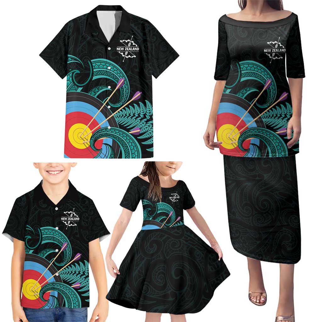 Personalised New Zealand Archery Family Matching Puletasi and Hawaiian Shirt Turquoise Maori Silver Fern LT01 - Polynesian Pride