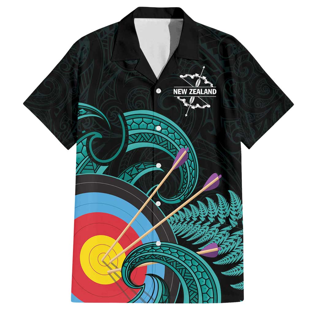 Personalised New Zealand Archery Family Matching Puletasi and Hawaiian Shirt Turquoise Maori Silver Fern LT01 Dad's Shirt - Short Sleeve Turquoise - Polynesian Pride