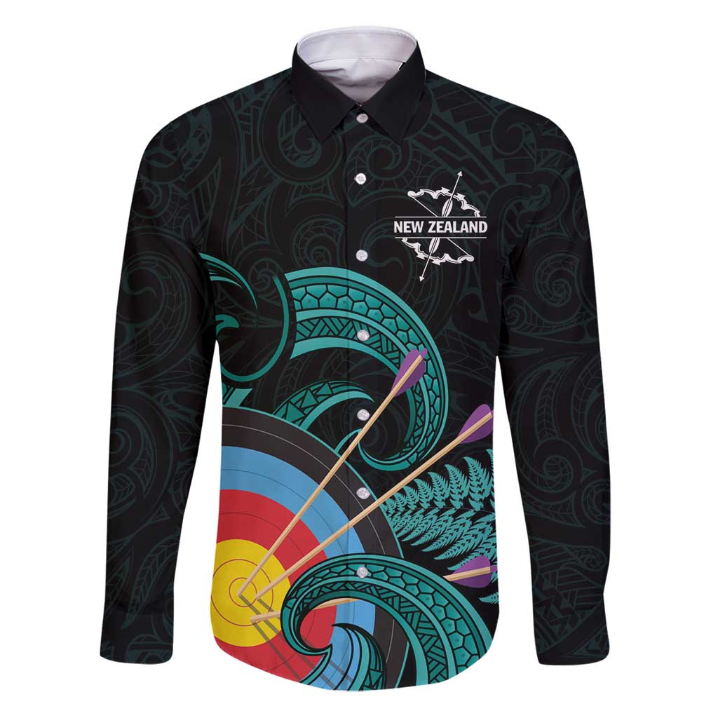 Personalised New Zealand Archery Family Matching Puletasi and Hawaiian Shirt Turquoise Maori Silver Fern LT01 Dad's Shirt - Long Sleeve Turquoise - Polynesian Pride