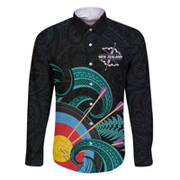 Personalised New Zealand Archery Family Matching Puletasi and Hawaiian Shirt Turquoise Maori Silver Fern LT01 Dad's Shirt - Long Sleeve Turquoise - Polynesian Pride