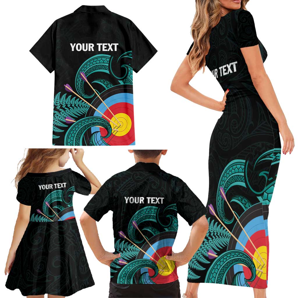 Personalised New Zealand Archery Family Matching Short Sleeve Bodycon Dress and Hawaiian Shirt Turquoise Maori Silver Fern LT01 - Polynesian Pride