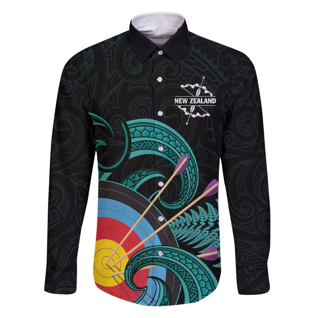 Personalised New Zealand Archery Family Matching Short Sleeve Bodycon Dress and Hawaiian Shirt Turquoise Maori Silver Fern LT01 Dad's Shirt - Long Sleeve Turquoise - Polynesian Pride