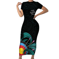 Personalised New Zealand Archery Family Matching Short Sleeve Bodycon Dress and Hawaiian Shirt Turquoise Maori Silver Fern LT01 Mom's Dress Turquoise - Polynesian Pride