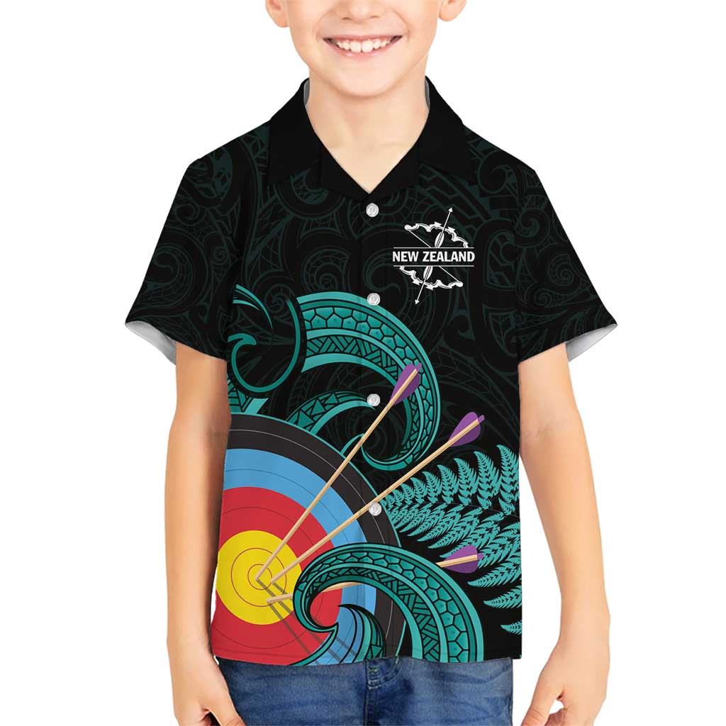 Personalised New Zealand Archery Family Matching Summer Maxi Dress and Hawaiian Shirt Turquoise Maori Silver Fern LT01 Son's Shirt Turquoise - Polynesian Pride