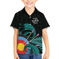 Personalised New Zealand Archery Family Matching Tank Maxi Dress and Hawaiian Shirt Turquoise Maori Silver Fern LT01 Son's Shirt Turquoise - Polynesian Pride
