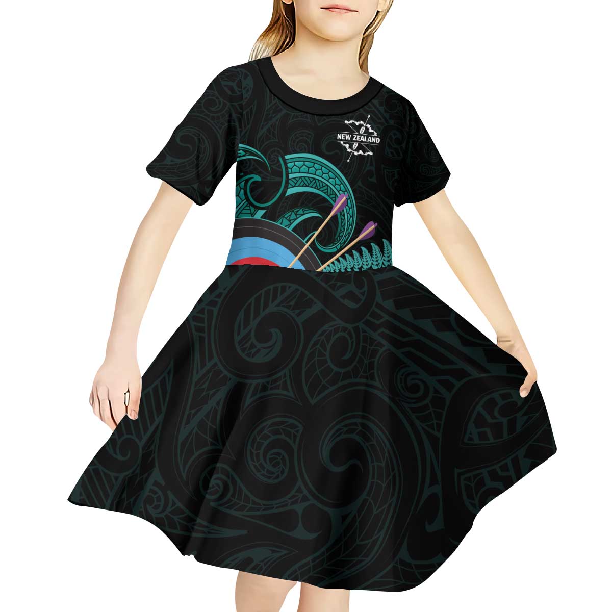 Personalised New Zealand Archery Kid Short Sleeve Dress Turquoise Maori Silver Fern