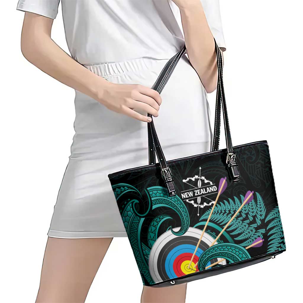 New Zealand Archery Leather Tote Bag Turquoise Maori Silver Fern