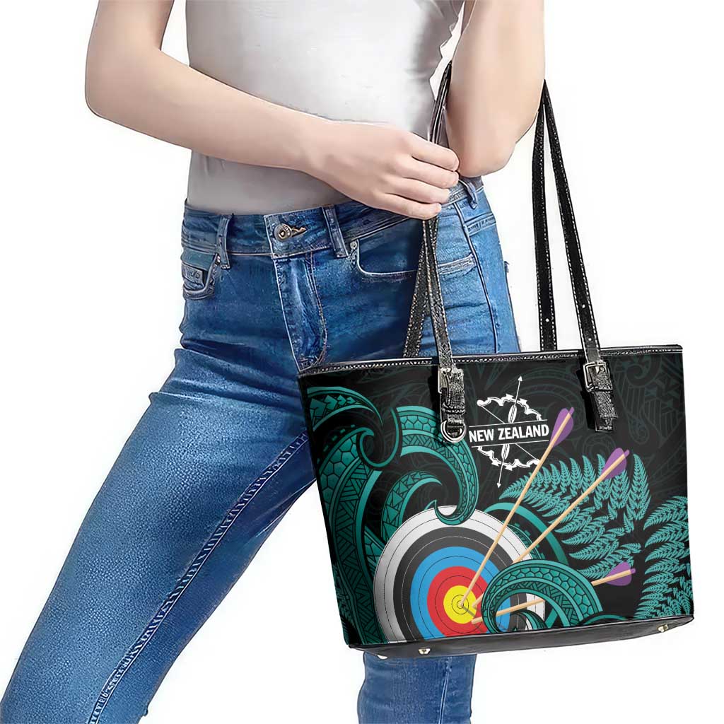 New Zealand Archery Leather Tote Bag Turquoise Maori Silver Fern