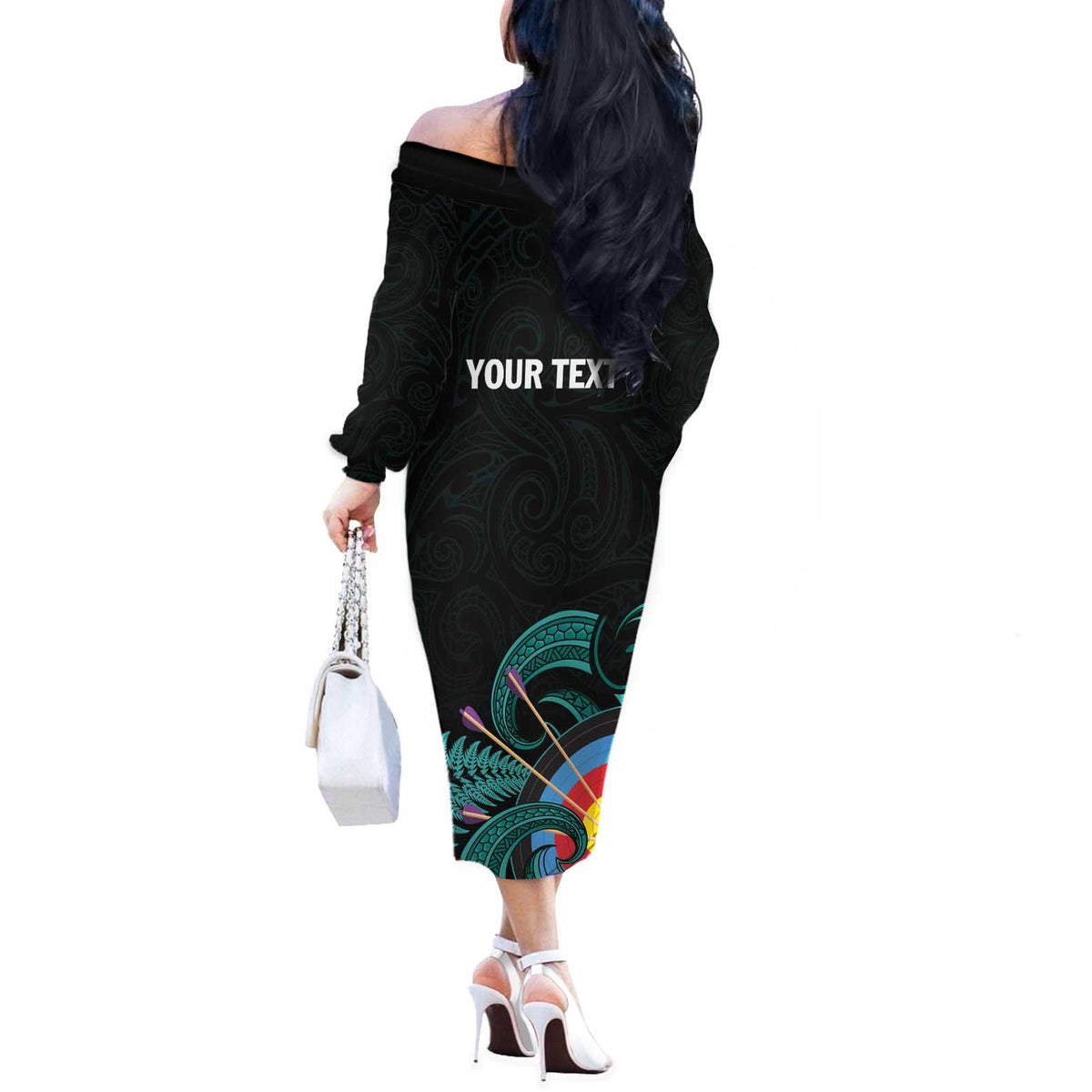 Personalised New Zealand Archery Off The Shoulder Long Sleeve Dress Turquoise Maori Silver Fern