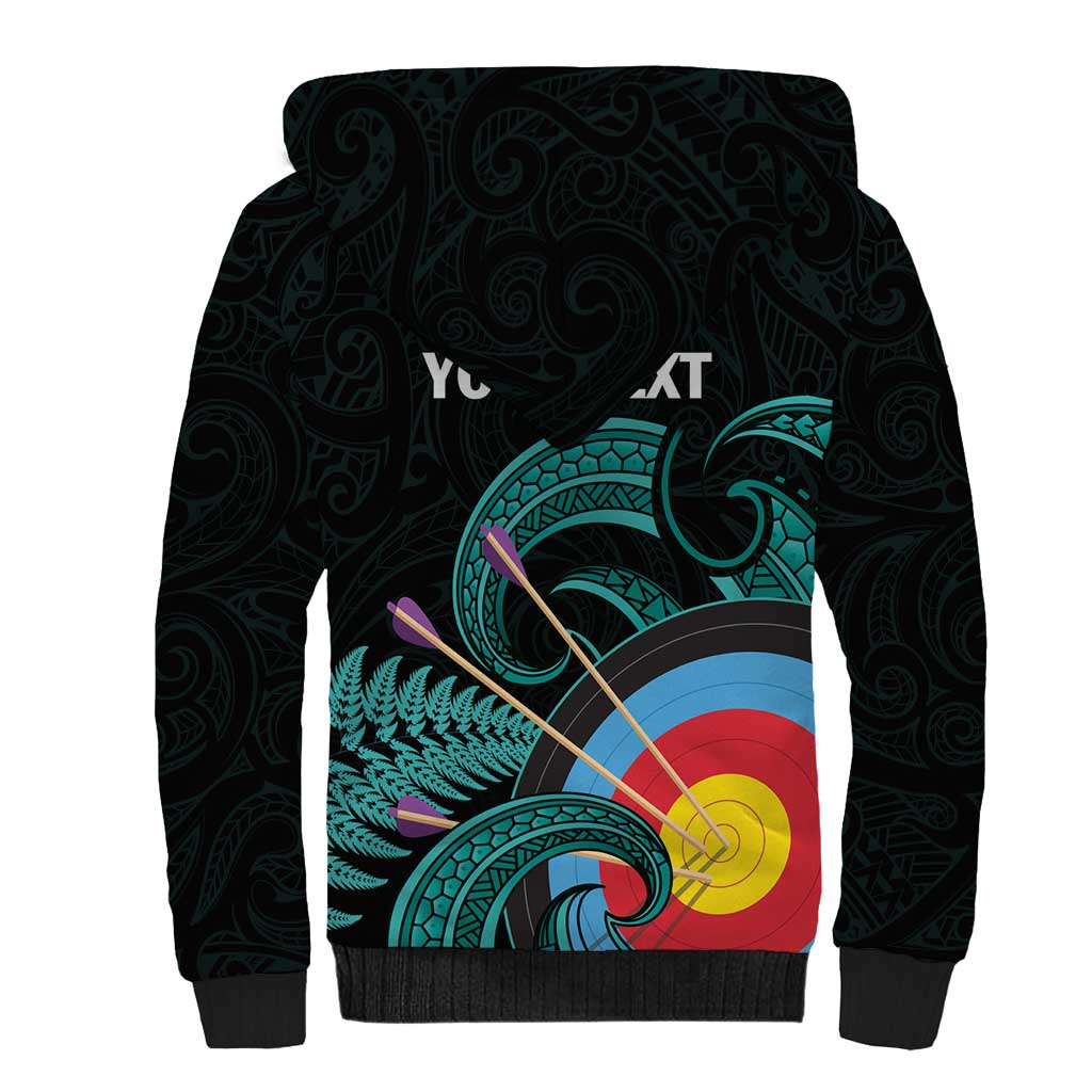 Personalised New Zealand Archery Sherpa Hoodie Turquoise Maori Silver Fern