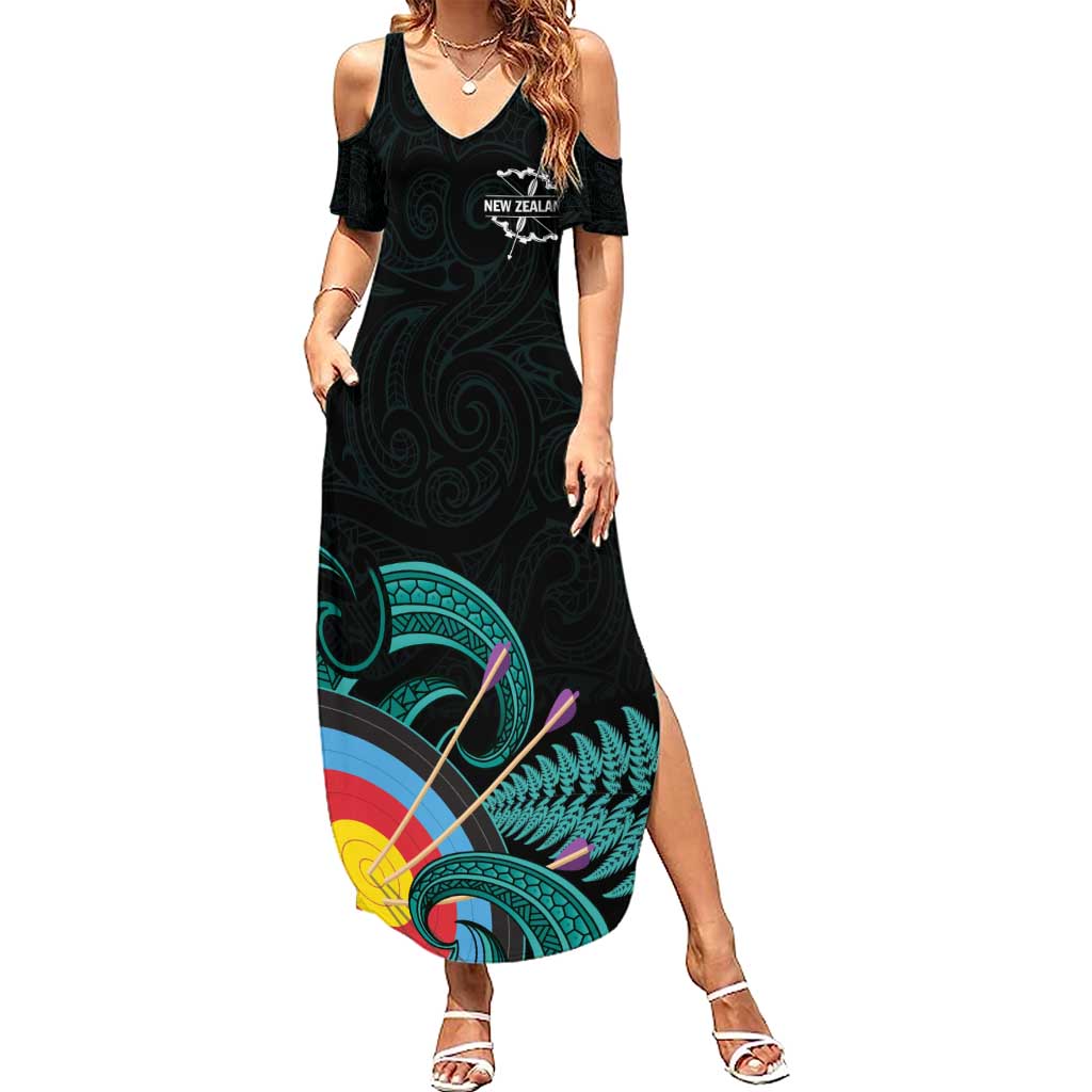 Personalised New Zealand Archery Summer Maxi Dress Turquoise Maori Silver Fern LT01 Women Turquoise - Polynesian Pride