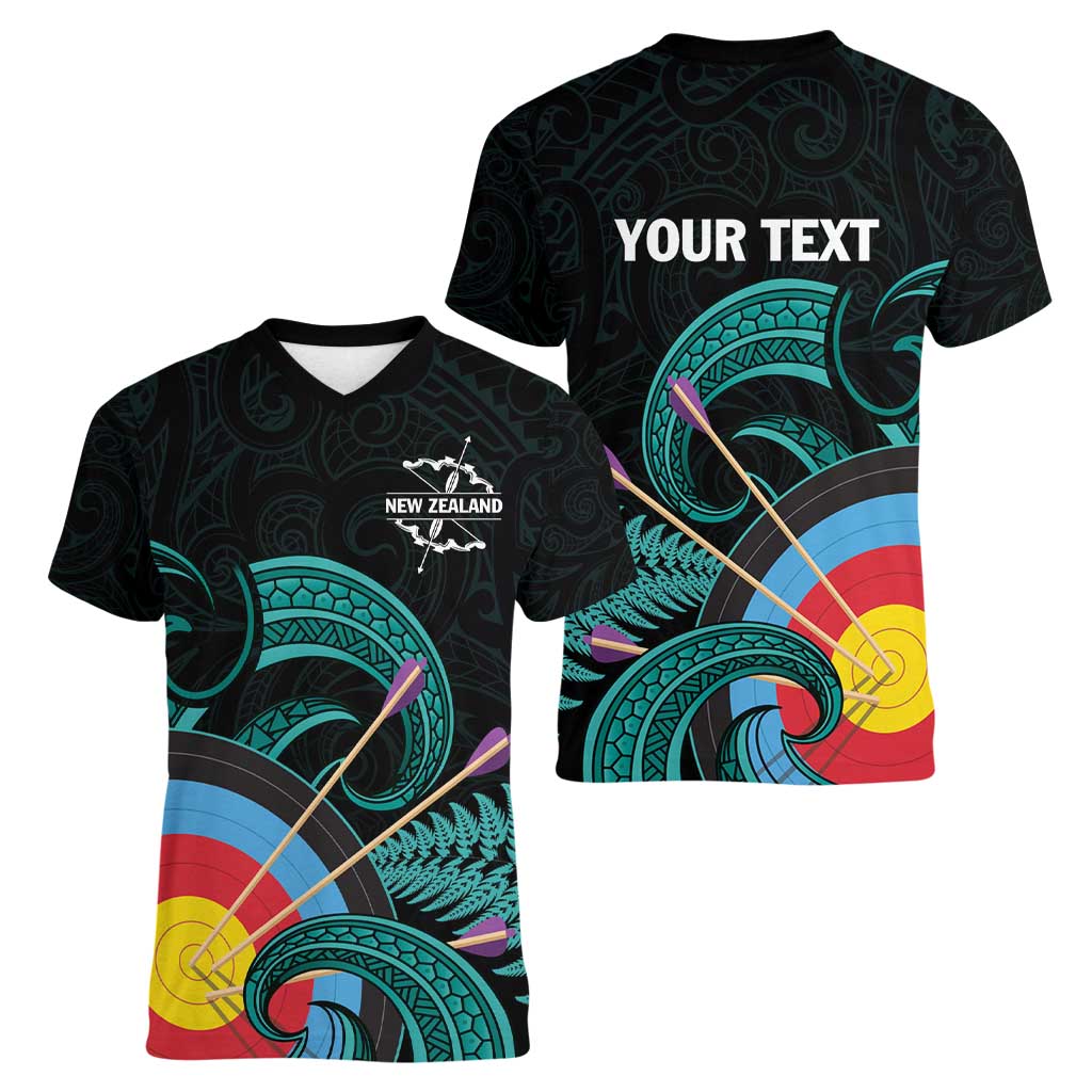 Personalised New Zealand Archery Women V-Neck T-Shirt Turquoise Maori Silver Fern