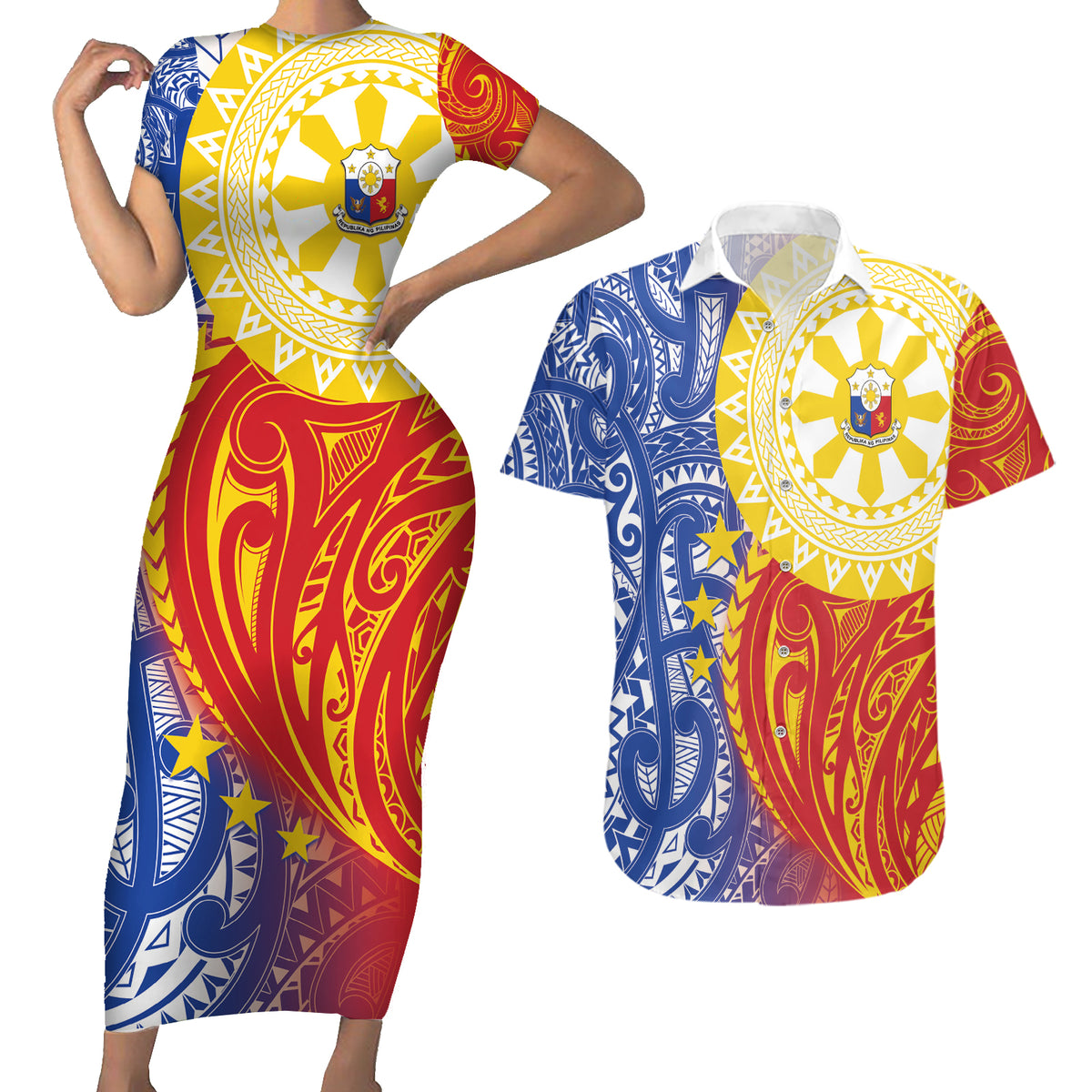 Philippines Couples Matching Short Sleeve Bodycon Dress and Hawaiian Shirt Pilipinas Polynesian Pattern LT01 Art - Polynesian Pride