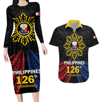 Personalized Philippines Independence Day Couples Matching Long Sleeve Bodycon Dress and Hawaiian Shirt Filipino 126th Anniversary Sun Tattoo LT01 Black - Polynesian Pride
