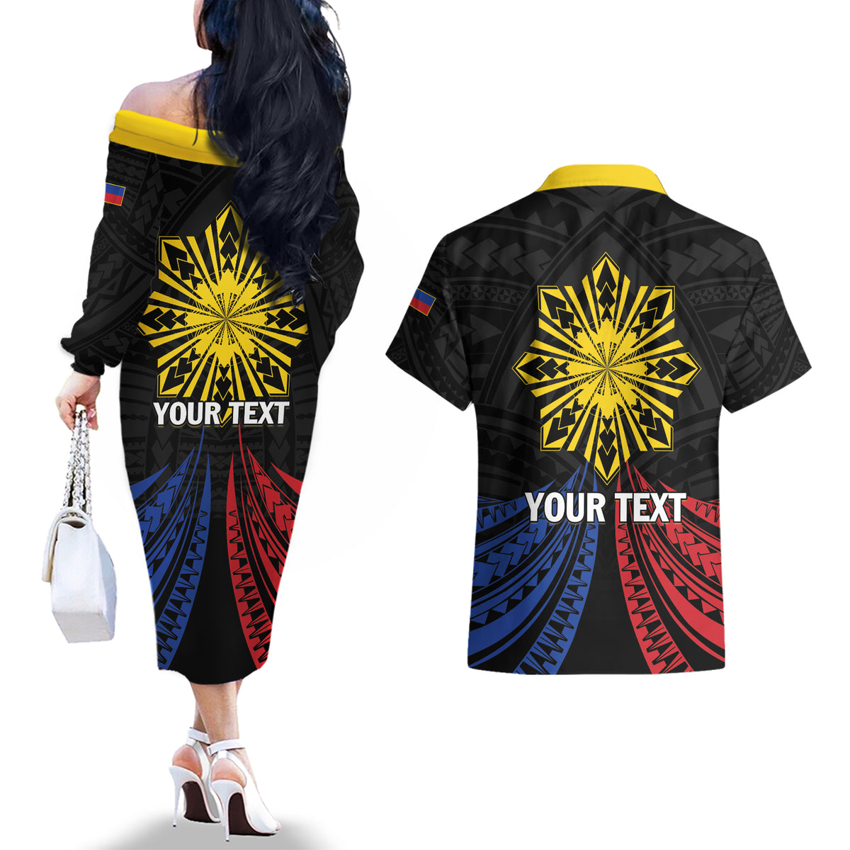 Personalized Philippines Independence Day Couples Matching Off The Shoulder Long Sleeve Dress and Hawaiian Shirt Filipino 126th Anniversary Sun Tattoo LT01 - Polynesian Pride