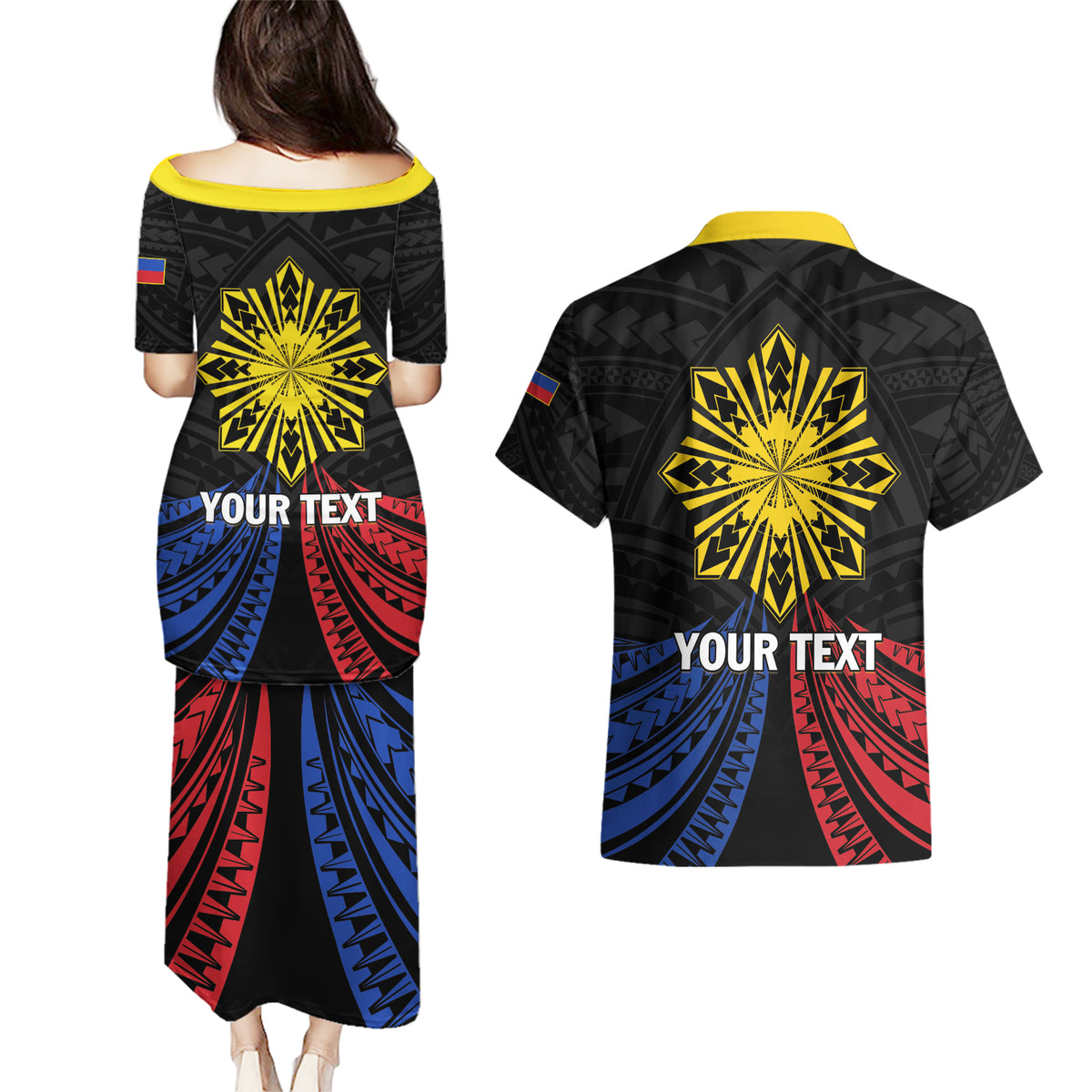 Personalized Philippines Independence Day Couples Matching Puletasi and Hawaiian Shirt Filipino 126th Anniversary Sun Tattoo