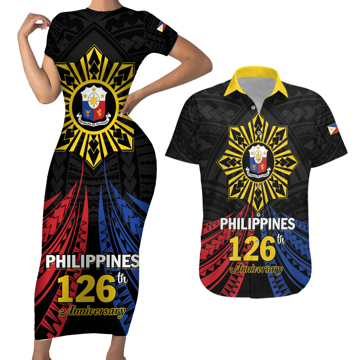 Personalized Philippines Independence Day Couples Matching Short Sleeve Bodycon Dress and Hawaiian Shirt Filipino 126th Anniversary Sun Tattoo LT01 Black - Polynesian Pride