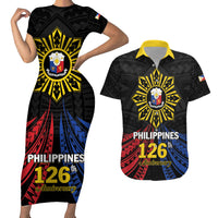 Personalized Philippines Independence Day Couples Matching Short Sleeve Bodycon Dress and Hawaiian Shirt Filipino 126th Anniversary Sun Tattoo LT01 Black - Polynesian Pride