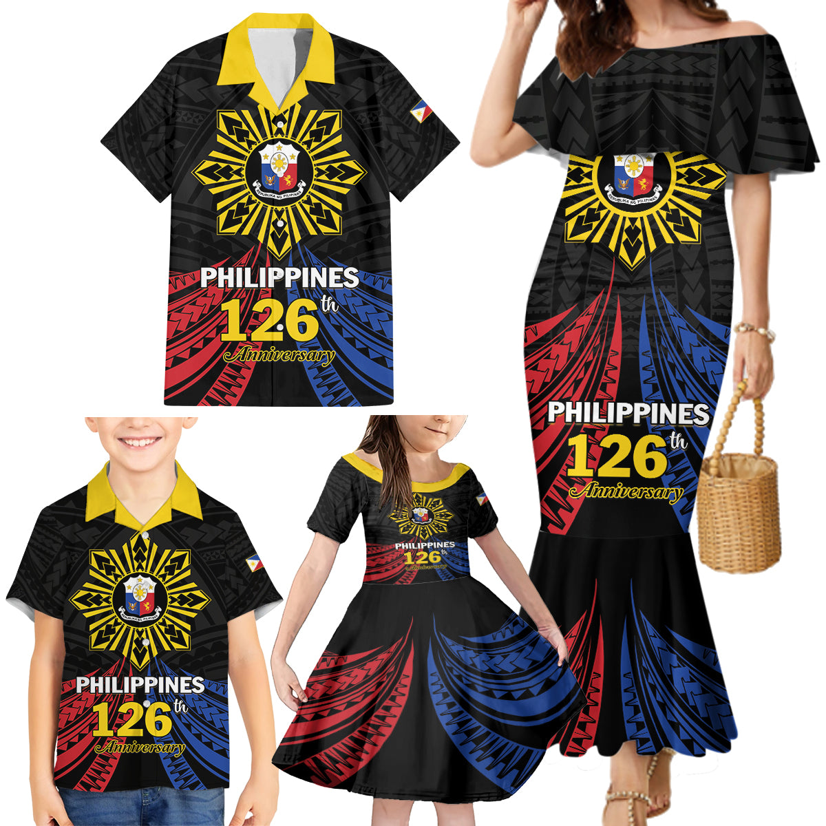 Personalized Philippines Independence Day Family Matching Mermaid Dress and Hawaiian Shirt Filipino 126th Anniversary Sun Tattoo LT01 - Polynesian Pride