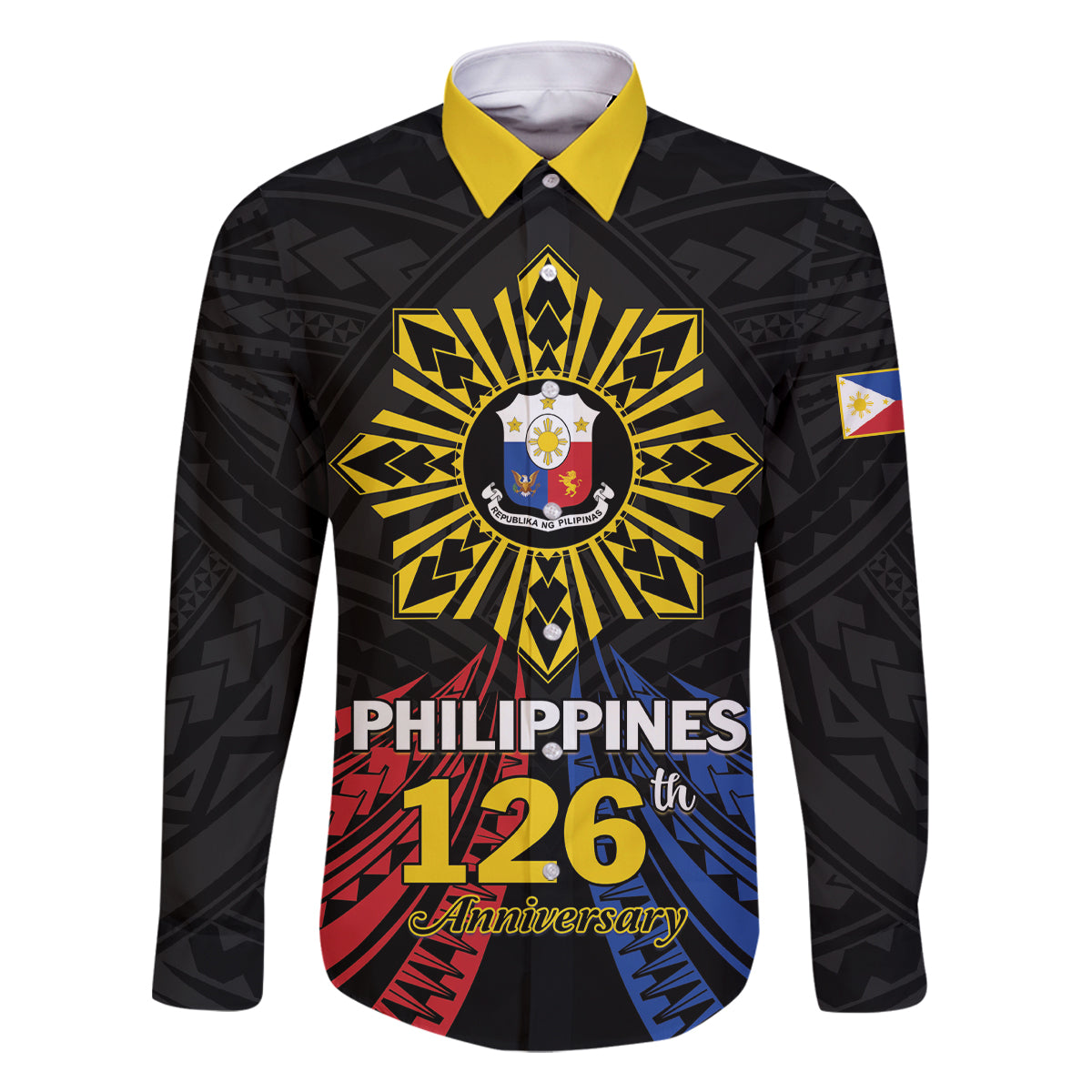 Personalized Philippines Independence Day Family Matching Mermaid Dress and Hawaiian Shirt Filipino 126th Anniversary Sun Tattoo LT01 Dad's Shirt - Long Sleeve Black - Polynesian Pride