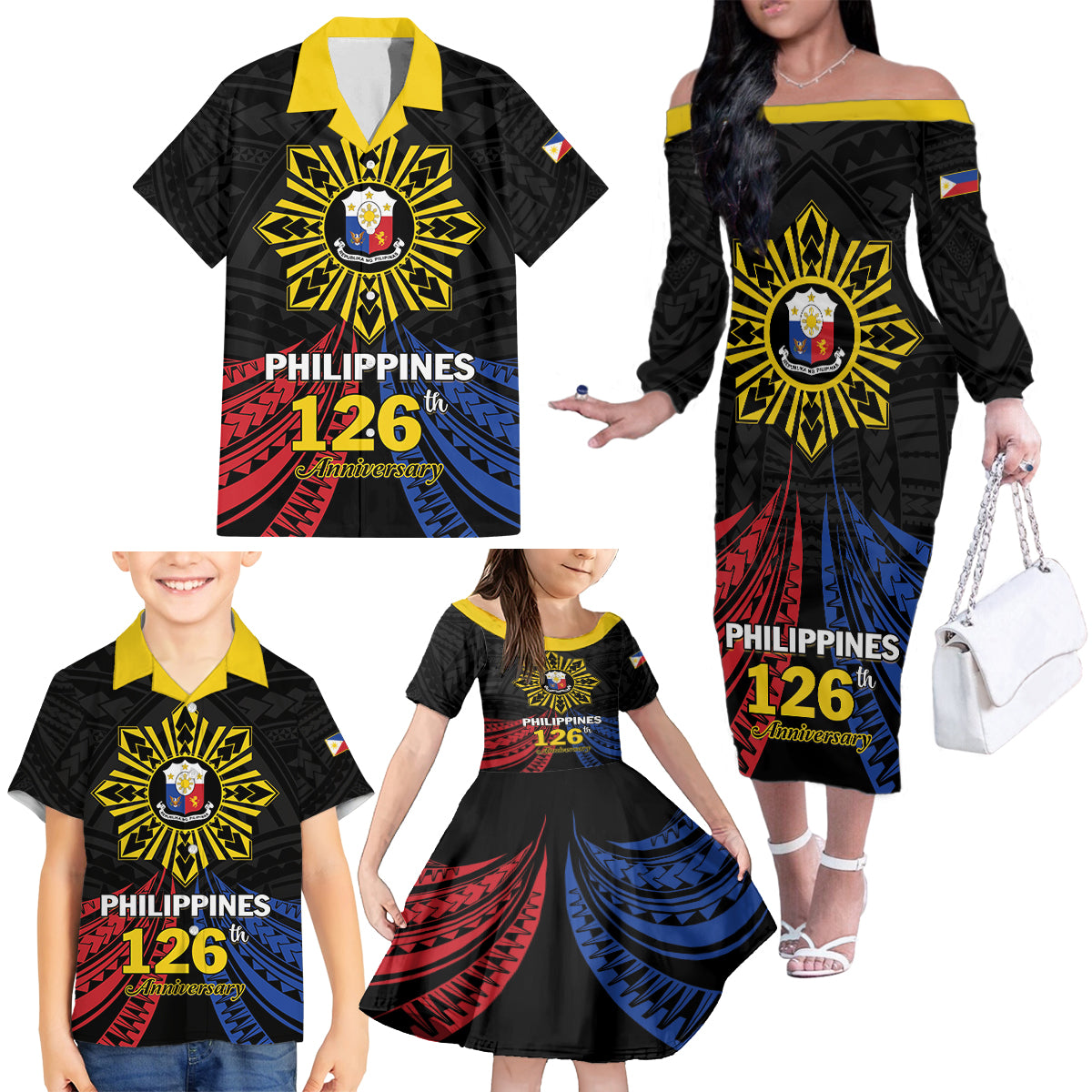 Personalized Philippines Independence Day Family Matching Off The Shoulder Long Sleeve Dress and Hawaiian Shirt Filipino 126th Anniversary Sun Tattoo LT01 - Polynesian Pride