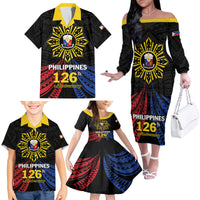 Personalized Philippines Independence Day Family Matching Off The Shoulder Long Sleeve Dress and Hawaiian Shirt Filipino 126th Anniversary Sun Tattoo LT01 - Polynesian Pride