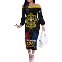 Personalized Philippines Independence Day Family Matching Off The Shoulder Long Sleeve Dress and Hawaiian Shirt Filipino 126th Anniversary Sun Tattoo LT01 Mom's Dress Black - Polynesian Pride