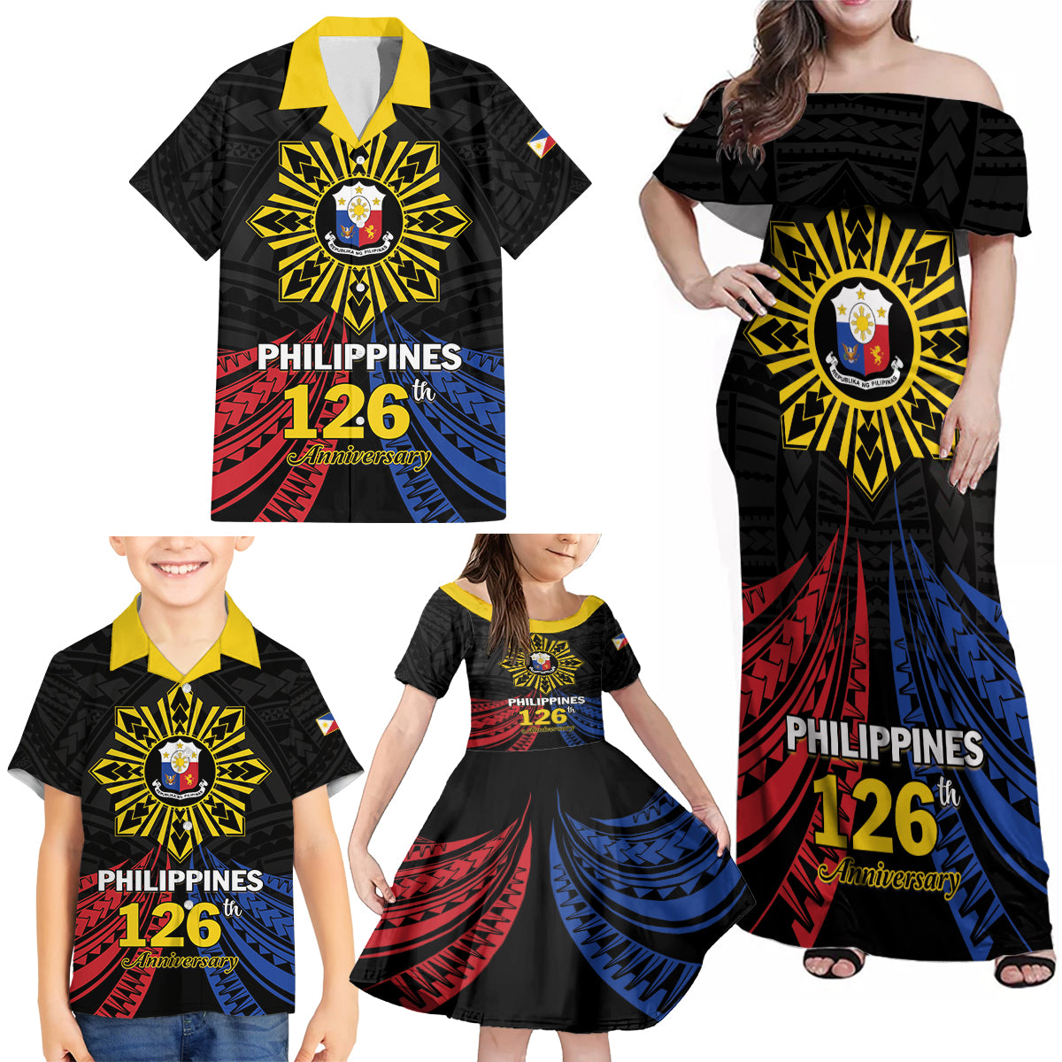 Personalized Philippines Independence Day Family Matching Off Shoulder Maxi Dress and Hawaiian Shirt Filipino 126th Anniversary Sun Tattoo LT01 - Polynesian Pride