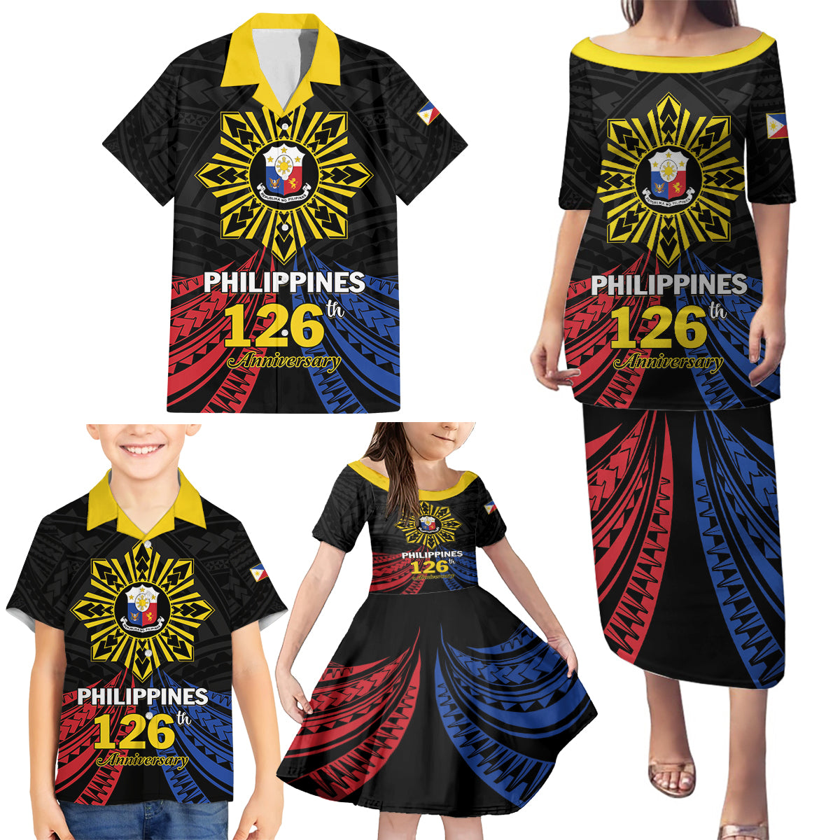Personalized Philippines Independence Day Family Matching Puletasi and Hawaiian Shirt Filipino 126th Anniversary Sun Tattoo LT01 - Polynesian Pride