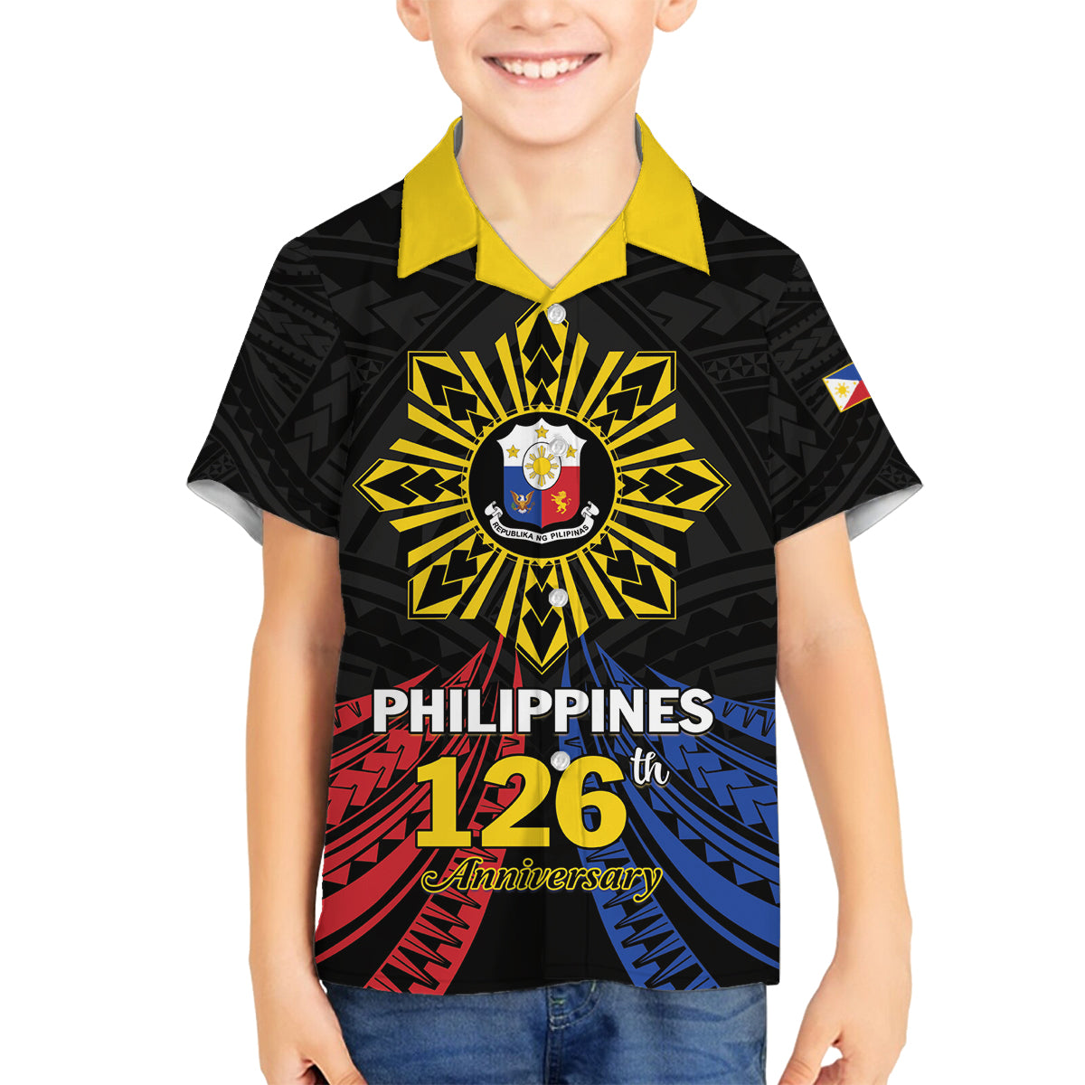 Personalized Philippines Independence Day Family Matching Puletasi and Hawaiian Shirt Filipino 126th Anniversary Sun Tattoo LT01 Son's Shirt Black - Polynesian Pride