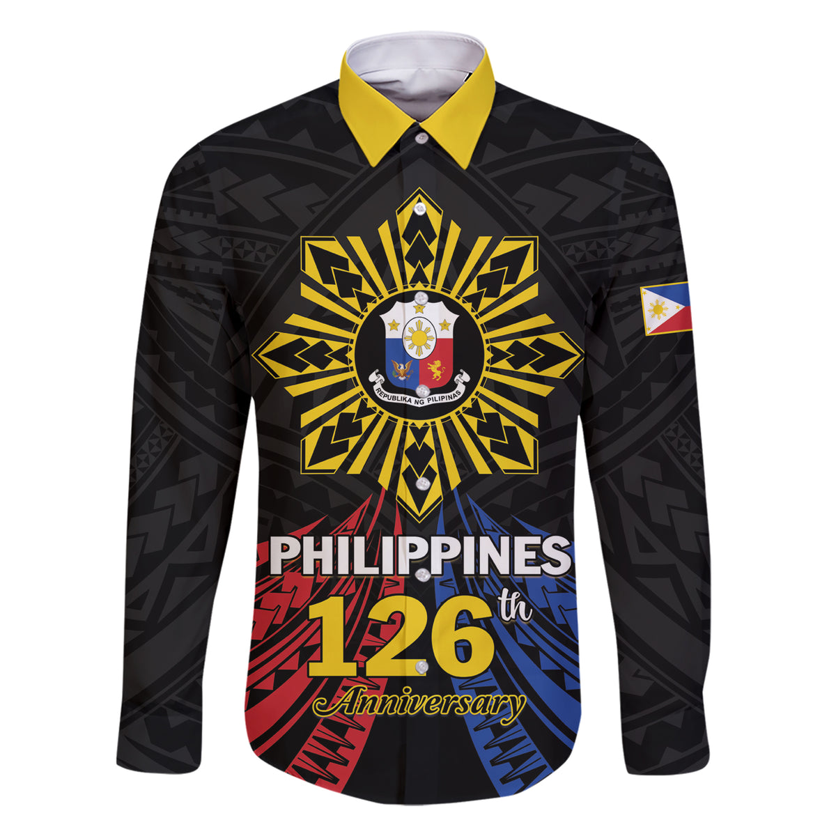 Personalized Philippines Independence Day Family Matching Short Sleeve Bodycon Dress and Hawaiian Shirt Filipino 126th Anniversary Sun Tattoo LT01 Dad's Shirt - Long Sleeve Black - Polynesian Pride