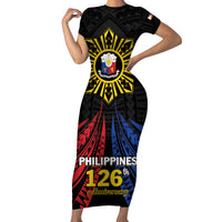 Personalized Philippines Independence Day Family Matching Short Sleeve Bodycon Dress and Hawaiian Shirt Filipino 126th Anniversary Sun Tattoo LT01 Mom's Dress Black - Polynesian Pride