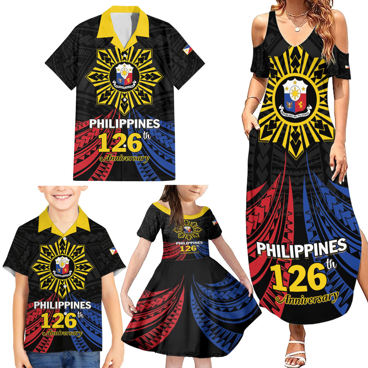 Personalized Philippines Independence Day Family Matching Summer Maxi Dress and Hawaiian Shirt Filipino 126th Anniversary Sun Tattoo LT01 - Polynesian Pride