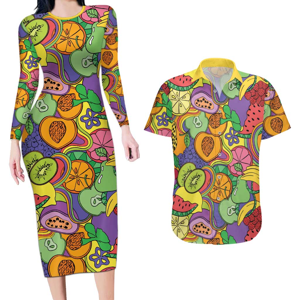 Hawaii Fruits Hippie Style Couples Matching Long Sleeve Bodycon Dress and Hawaiian Shirt Vibrant Colorful