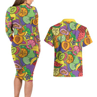 Hawaii Fruits Hippie Style Couples Matching Long Sleeve Bodycon Dress and Hawaiian Shirt Vibrant Colorful LT01 - Polynesian Pride