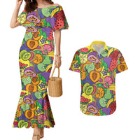 Hawaii Fruits Hippie Style Couples Matching Mermaid Dress and Hawaiian Shirt Vibrant Colorful