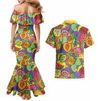 Hawaii Fruits Hippie Style Couples Matching Mermaid Dress and Hawaiian Shirt Vibrant Colorful