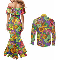 Hawaii Fruits Hippie Style Couples Matching Mermaid Dress and Long Sleeve Button Shirt Vibrant Colorful