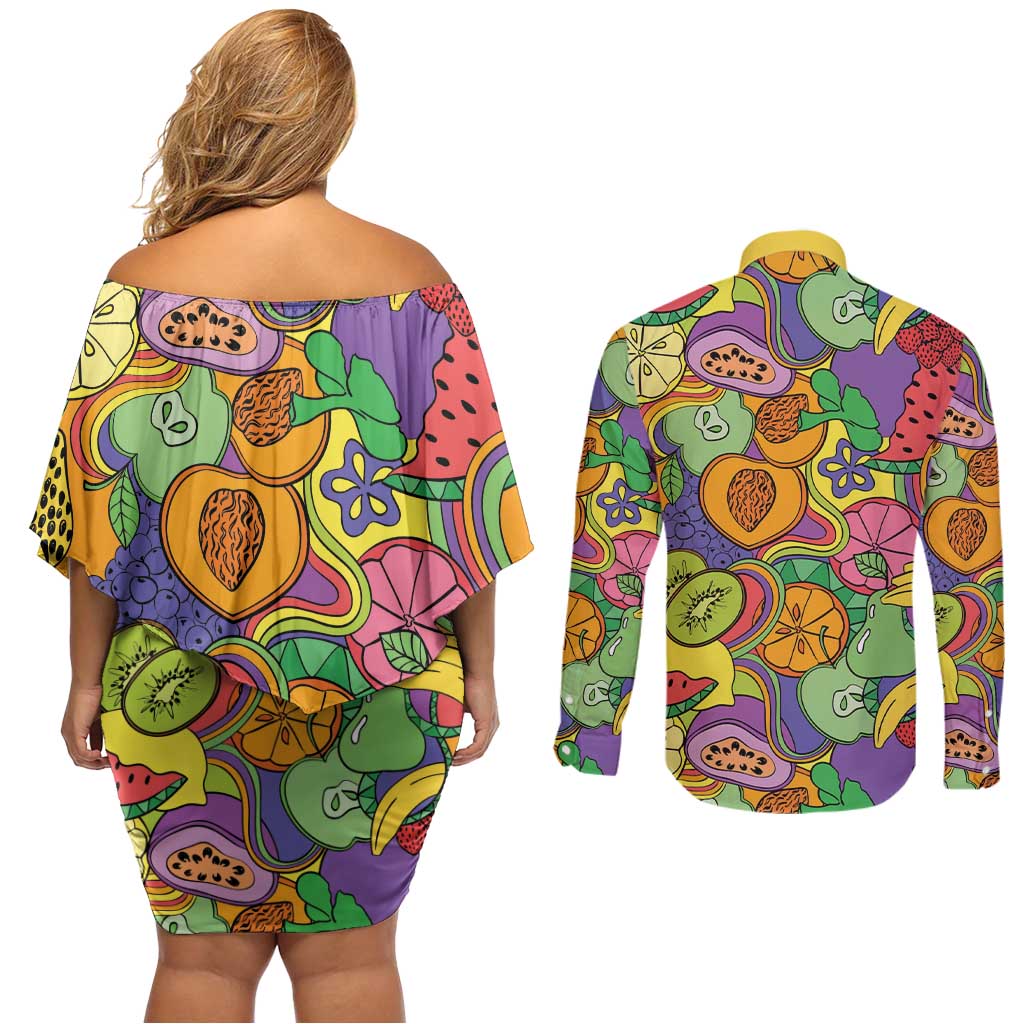 Hawaii Fruits Hippie Style Couples Matching Off Shoulder Short Dress and Long Sleeve Button Shirt Vibrant Colorful