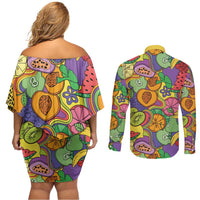 Hawaii Fruits Hippie Style Couples Matching Off Shoulder Short Dress and Long Sleeve Button Shirt Vibrant Colorful